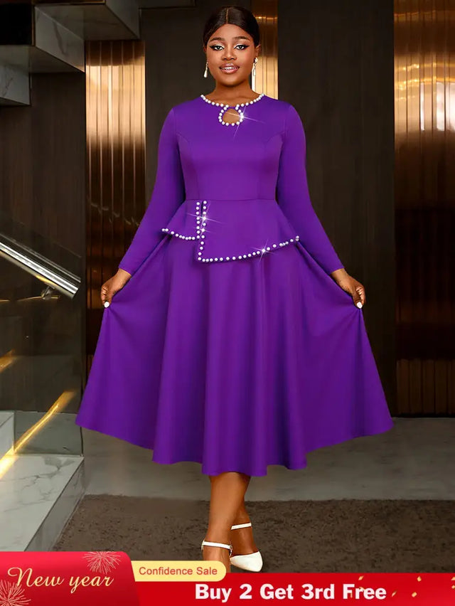 AOMEIDRESS Elegant Peplum Midi Dress with Beading for Party Church DarkPurple / S