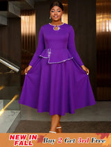 AOMEIDRESS Elegant Peplum Midi Dress with Beading for Party Church DarkPurple / S