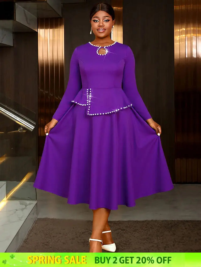 AOMEIDRESS Elegant Peplum Midi Dress with Beading for Party Church DarkPurple / S