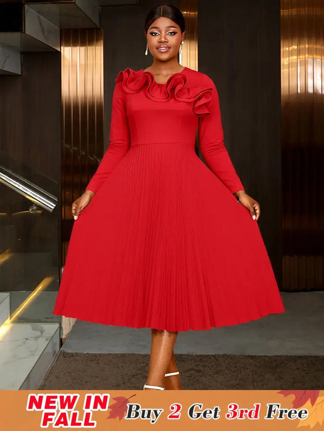 AOMEIDRESS Elegant Peplum Pleated Dress for Party Wedding Christmas Red / S
