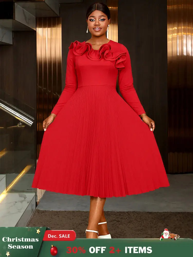 AOMEIDRESS Elegant Peplum Pleated Dress for Party Wedding Christmas Red / S