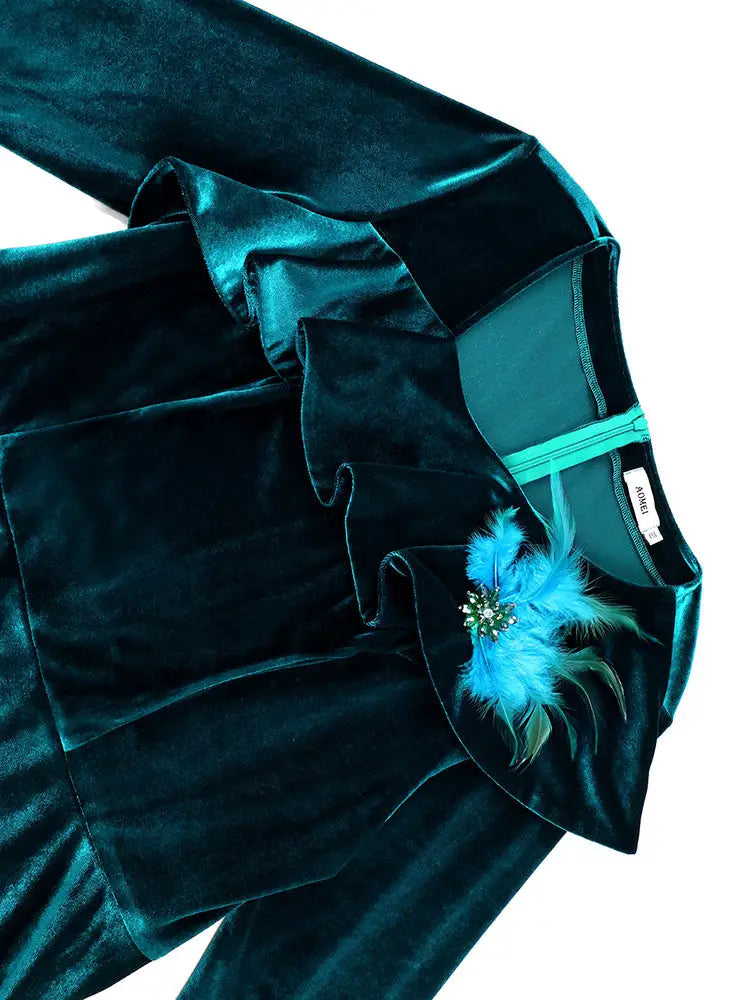 AOMEIDRESS Elegant Peplum Velvet Dress with Feather for Party Church
