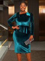AOMEIDRESS Elegant Peplum Velvet Dress with Feather for Party Church