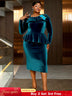 AOMEIDRESS Elegant Peplum Velvet Dress with Feather for Party Church PeacockBlue / S