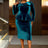 AOMEIDRESS Elegant Peplum Velvet Dress with Feather for Party Church PeacockBlue / S