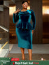 AOMEIDRESS Elegant Peplum Velvet Dress with Feather for Party Church PeacockBlue / S