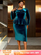 AOMEIDRESS Elegant Peplum Velvet Dress with Feather for Party Church PeacockBlue / S