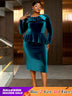 AOMEIDRESS Elegant Peplum Velvet Dress with Feather for Party Church PeacockBlue / S