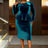 AOMEIDRESS Elegant Peplum Velvet Dress with Feather for Party Church PeacockBlue / S