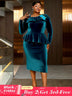 AOMEIDRESS Elegant Peplum Velvet Dress with Feather for Party Church PeacockBlue / S