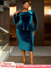 AOMEIDRESS Elegant Peplum Velvet Dress with Feather for Party Church PeacockBlue / S