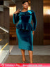AOMEIDRESS Elegant Peplum Velvet Dress with Feather for Party Church PeacockBlue / S