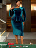 AOMEIDRESS Elegant Peplum Velvet Dress with Feather for Party Church PeacockBlue / S
