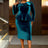 AOMEIDRESS Elegant Peplum Velvet Dress with Feather for Party Church PeacockBlue / S