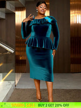 AOMEIDRESS Elegant Peplum Velvet Dress with Feather for Party Church PeacockBlue / S
