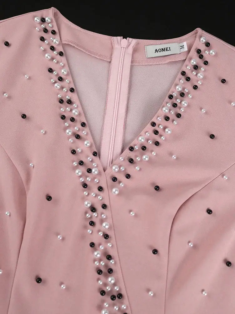 AOMEIDRESS Elegant Pink Beaded Peplum Flare Sleeve Office Jumpsuit