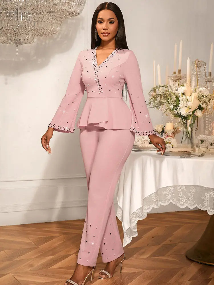 AOMEIDRESS Elegant Pink Beaded Peplum Flare Sleeve Office Jumpsuit