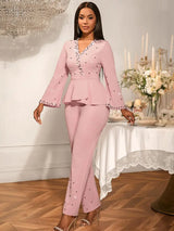 AOMEIDRESS Elegant Pink Beaded Peplum Flare Sleeve Office Jumpsuit