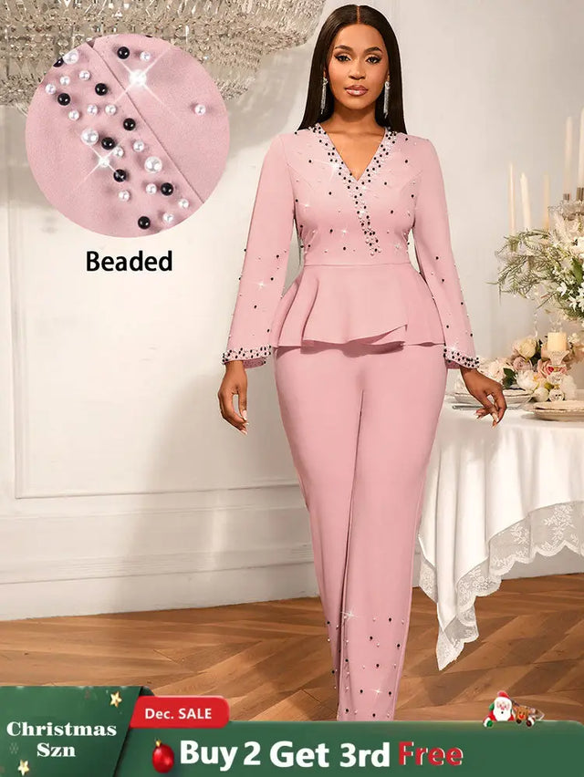 AOMEIDRESS Elegant Pink Beaded Peplum Flare Sleeve Office Jumpsuit Pink / S