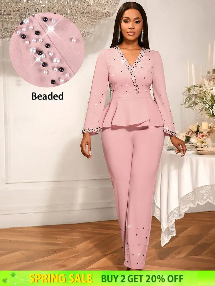 AOMEIDRESS Elegant Pink Beaded Peplum Flare Sleeve Office Jumpsuit Pink / S