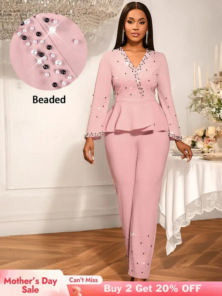 AOMEIDRESS Elegant Pink Beaded Peplum Flare Sleeve Office Jumpsuit Pink / S