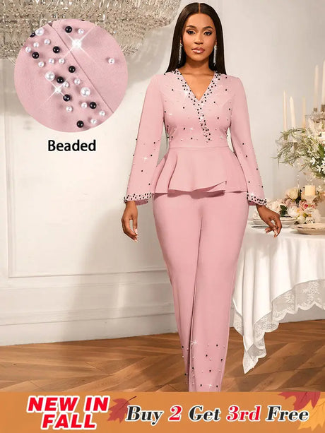AOMEIDRESS Elegant Pink Beaded Peplum Flare Sleeve Office Jumpsuit Pink / S