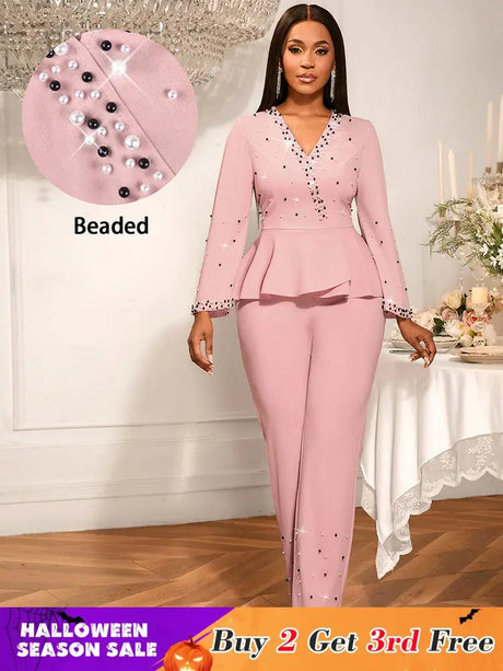 AOMEIDRESS Elegant Pink Beaded Peplum Flare Sleeve Office Jumpsuit Pink / S