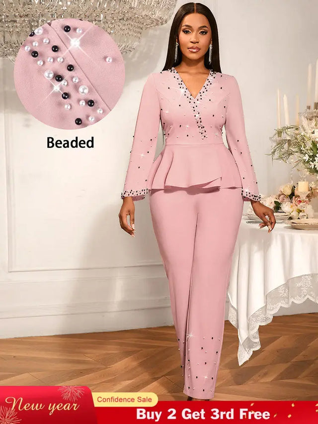 AOMEIDRESS Elegant Pink Beaded Peplum Flare Sleeve Office Jumpsuit Pink / S