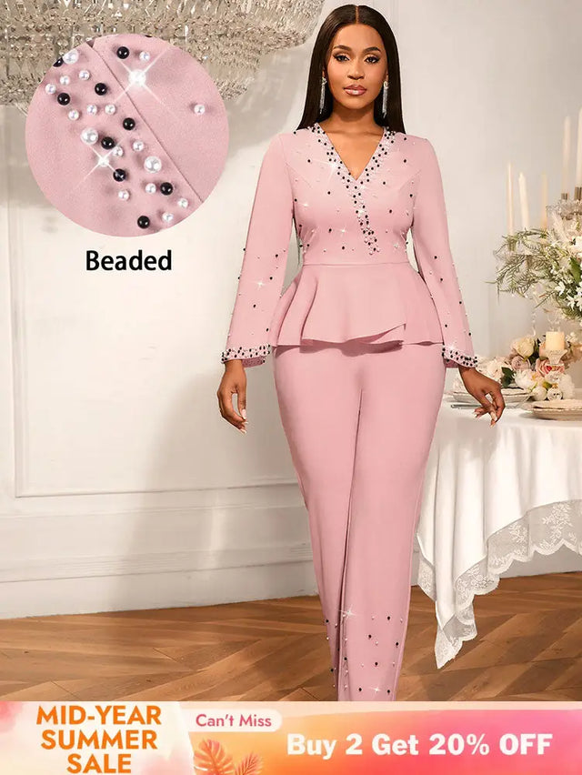 AOMEIDRESS Elegant Pink Beaded Peplum Flare Sleeve Office Jumpsuit Pink / S
