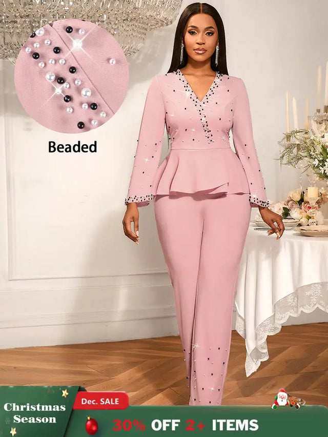 AOMEIDRESS Elegant Pink Beaded Peplum Flare Sleeve Office Jumpsuit Pink / S