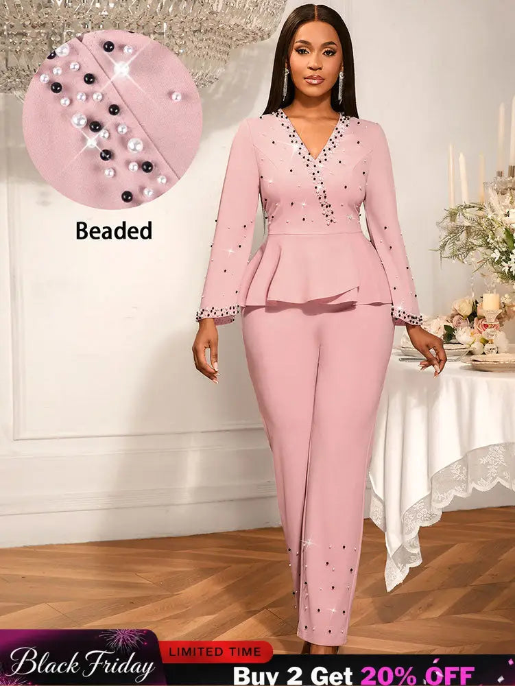 AOMEIDRESS Elegant Pink Beaded Peplum Flare Sleeve Office Jumpsuit Pink / S