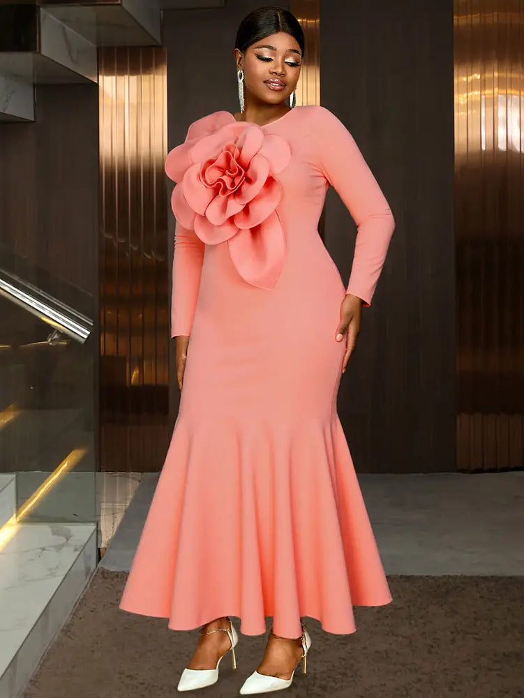 AOMEIDRESS Elegant Pink Maxi Mermaid Dress with 3D Flower for Wedding