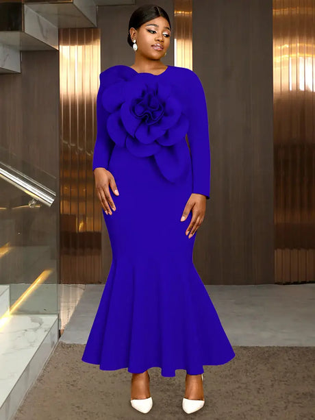 AOMEIDRESS Elegant Pink Maxi Mermaid Dress with 3D Flower for Wedding Blue / S