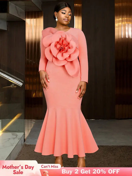 AOMEIDRESS Elegant Pink Maxi Mermaid Dress with 3D Flower for Wedding Pink / S