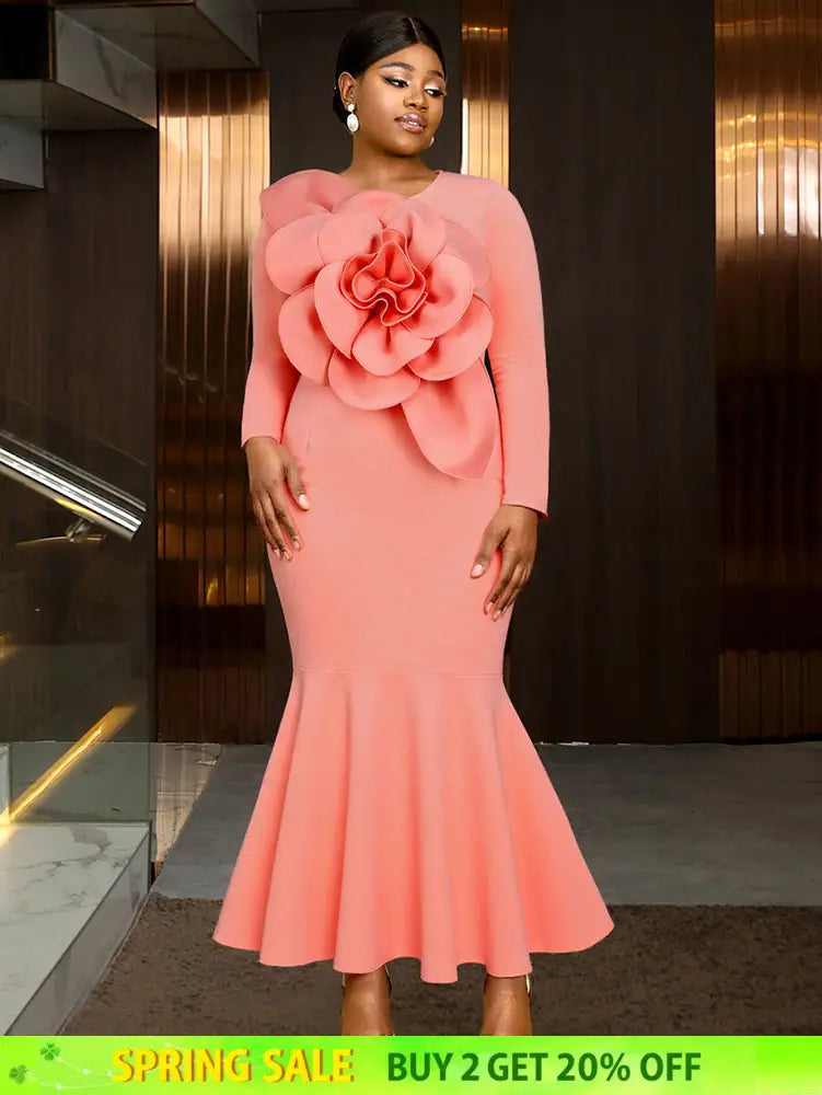 AOMEIDRESS Elegant Pink Maxi Mermaid Dress with 3D Flower for Wedding Pink / S