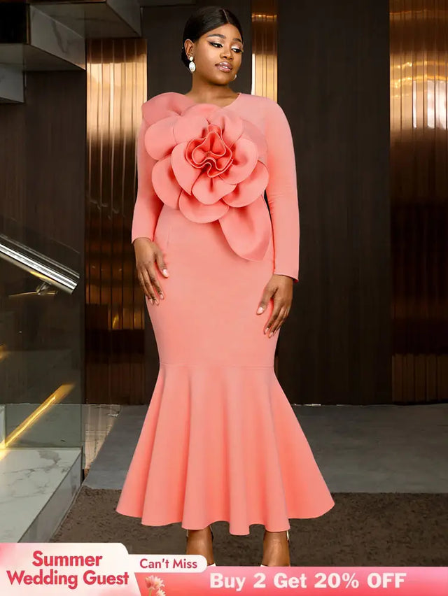 AOMEIDRESS Elegant Pink Maxi Mermaid Dress with 3D Flower for Wedding Pink / S