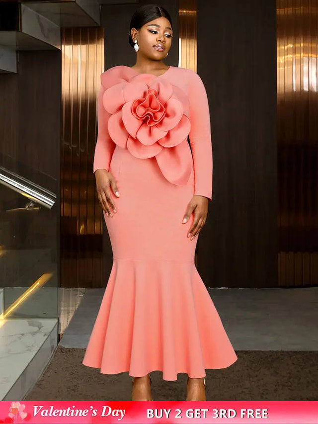 AOMEIDRESS Elegant Pink Maxi Mermaid Dress with 3D Flower for Wedding Pink / S