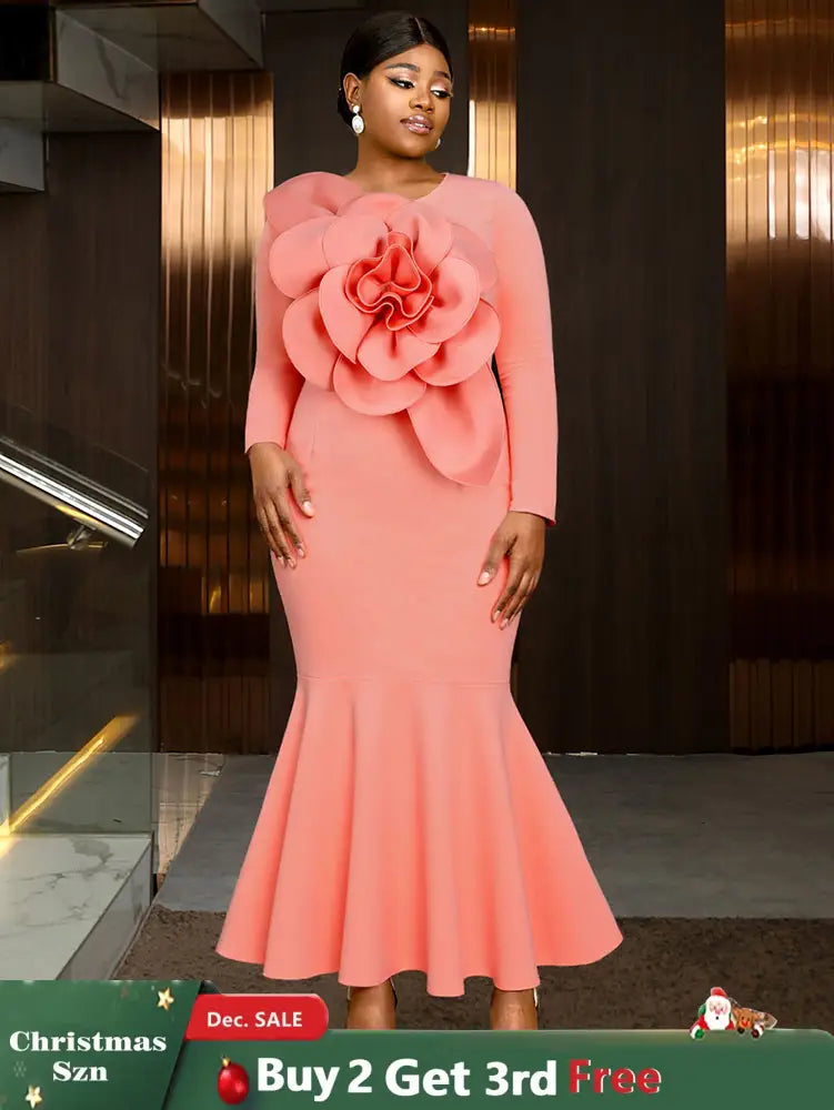 AOMEIDRESS Elegant Pink Maxi Mermaid Dress with 3D Flower for Wedding Pink / S