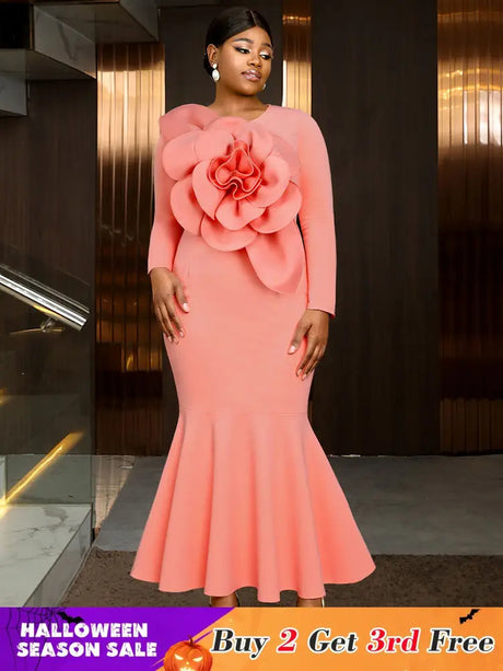 AOMEIDRESS Elegant Pink Maxi Mermaid Dress with 3D Flower for Wedding Pink / S