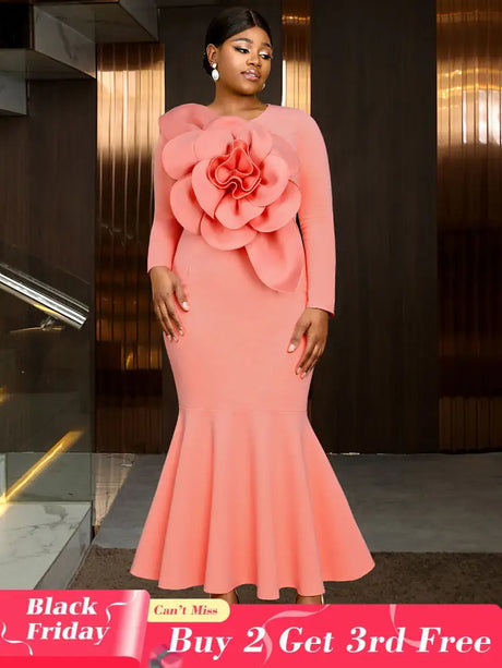 AOMEIDRESS Elegant Pink Maxi Mermaid Dress with 3D Flower for Wedding Pink / S