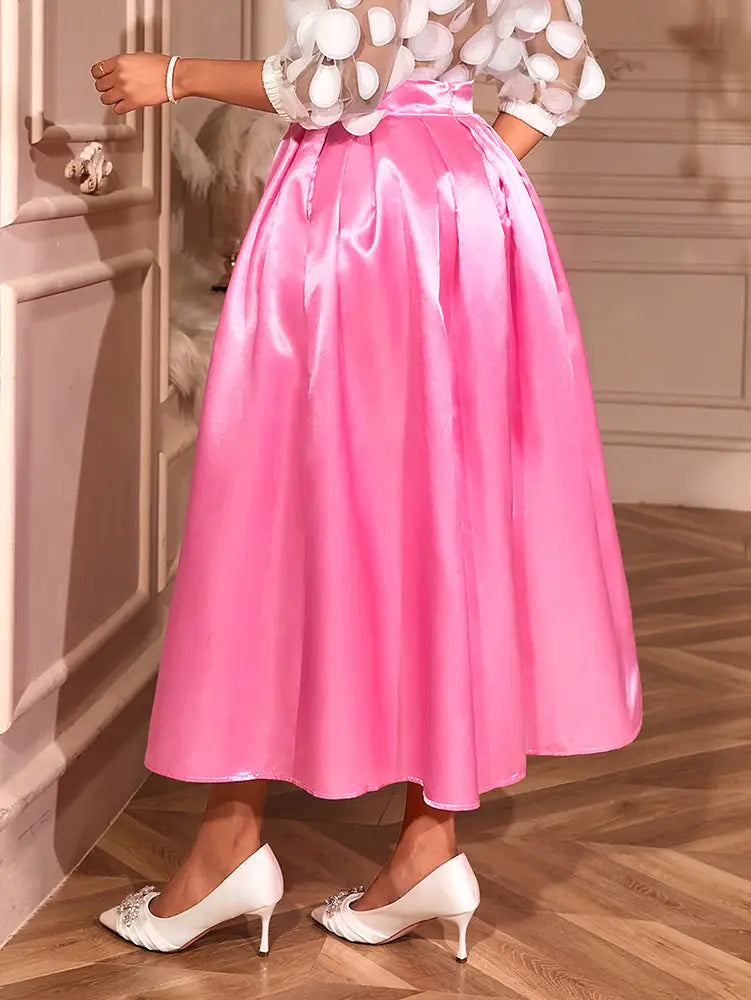 AOMEIDRESS Elegant Pink Satin A Line Skirt High Waist with Bow Detail
