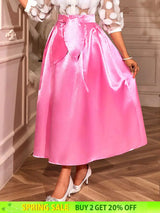 AOMEIDRESS Elegant Pink Satin A Line Skirt High Waist with Bow Detail Pink / S