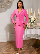 AOMEIDRESS Elegant Pink Two Piece Set Blazer Tops with Skirt for Party