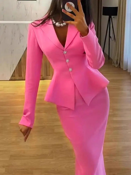 AOMEIDRESS Elegant Pink Two Piece Set Blazer Tops with Skirt for Party