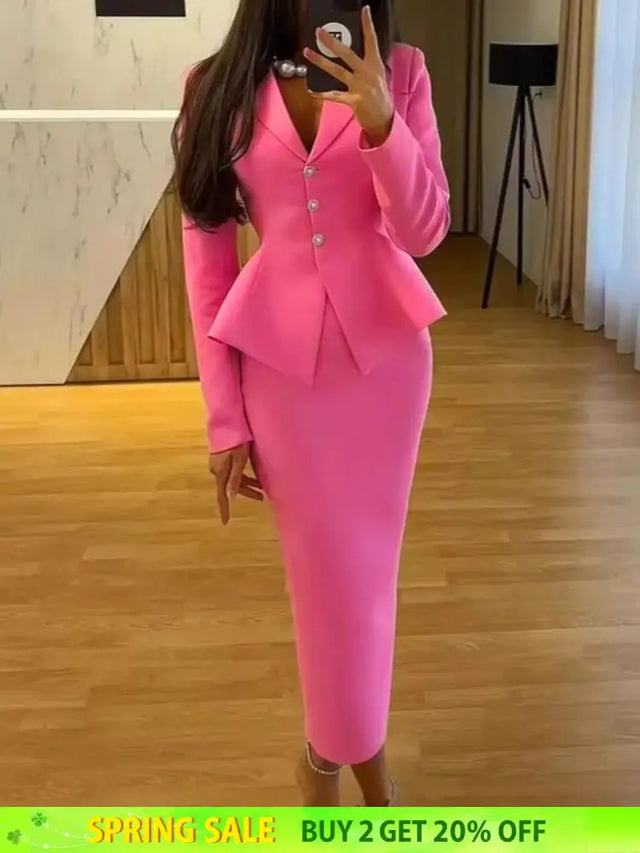 AOMEIDRESS Elegant Pink Two Piece Set Blazer Tops with Skirt for Party Pink / S