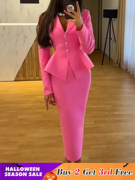 AOMEIDRESS Elegant Pink Two Piece Set Blazer Tops with Skirt for Party Pink / S