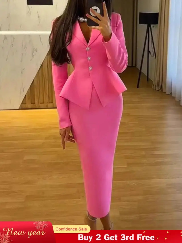 AOMEIDRESS Elegant Pink Two Piece Set Blazer Tops with Skirt for Party Pink / S