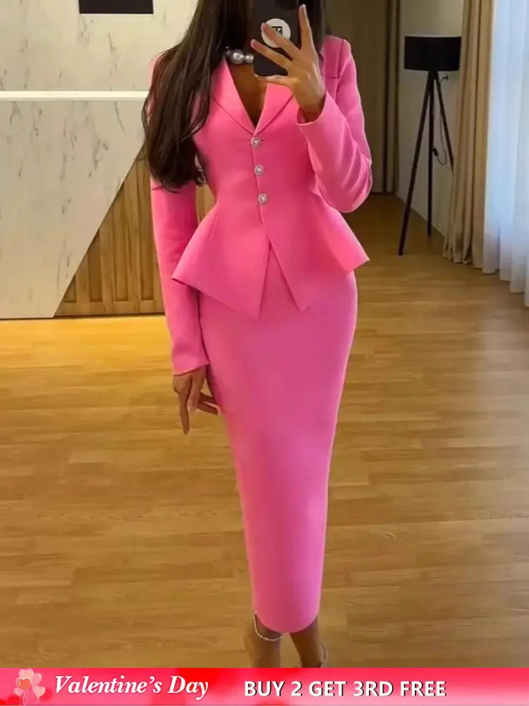 AOMEIDRESS Elegant Pink Two Piece Set Blazer Tops with Skirt for Party Pink / S
