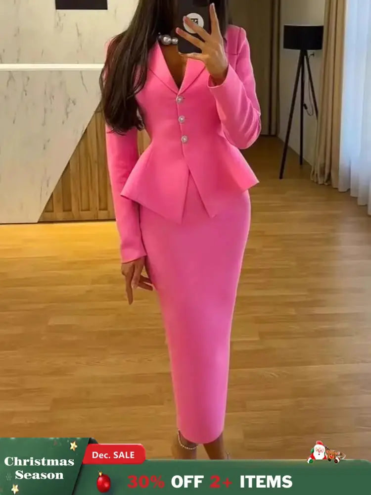 AOMEIDRESS Elegant Pink Two Piece Set Blazer Tops with Skirt for Party Pink / S
