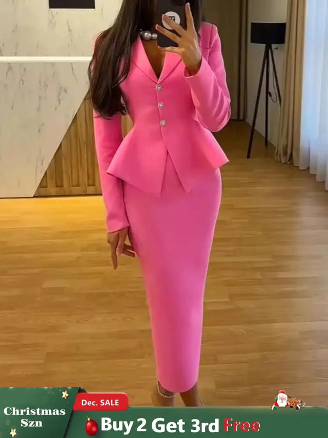 AOMEIDRESS Elegant Pink Two Piece Set Blazer Tops with Skirt for Party Pink / S